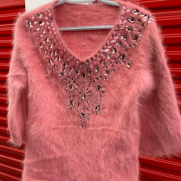 Pink Fuzzy Sweater with Rhinestone Embellishments - Picture 6 of 6